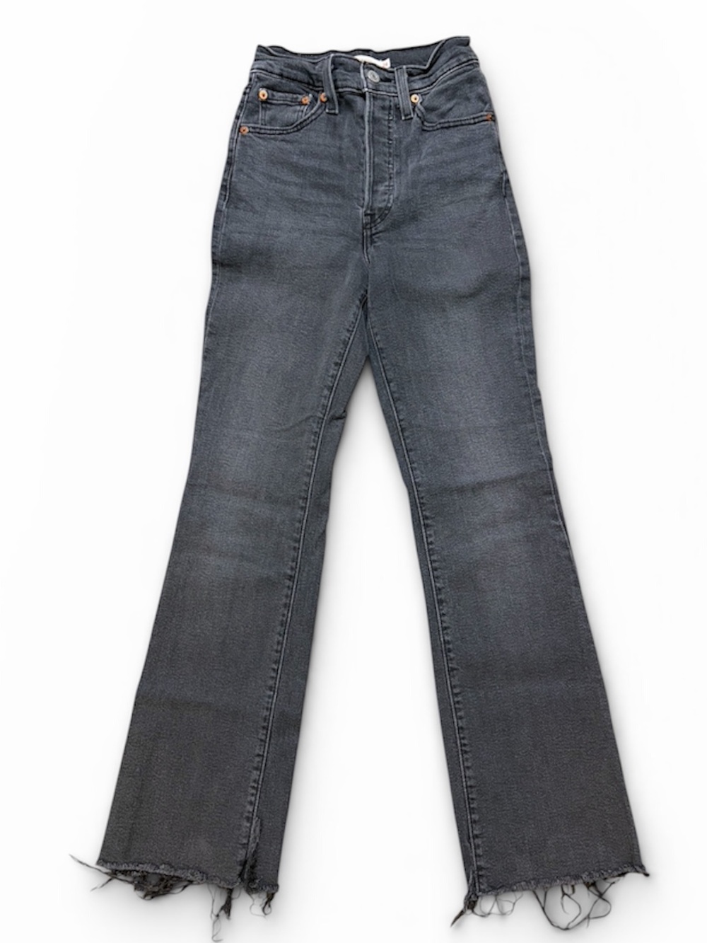 Levis Ribcage Boot Cut Jeans Washed Black Gray High Rise Raw Hem 24